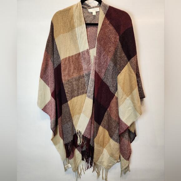 Francesca's Plaid Check Shawl Poncho Fringe Wrap Burgundy Red Tan Black One Size - Picture 2 of 9